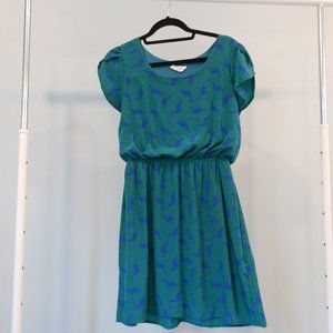 Modcloth Peach Love Dinosaur Print Blue and Green Dress - Size Large